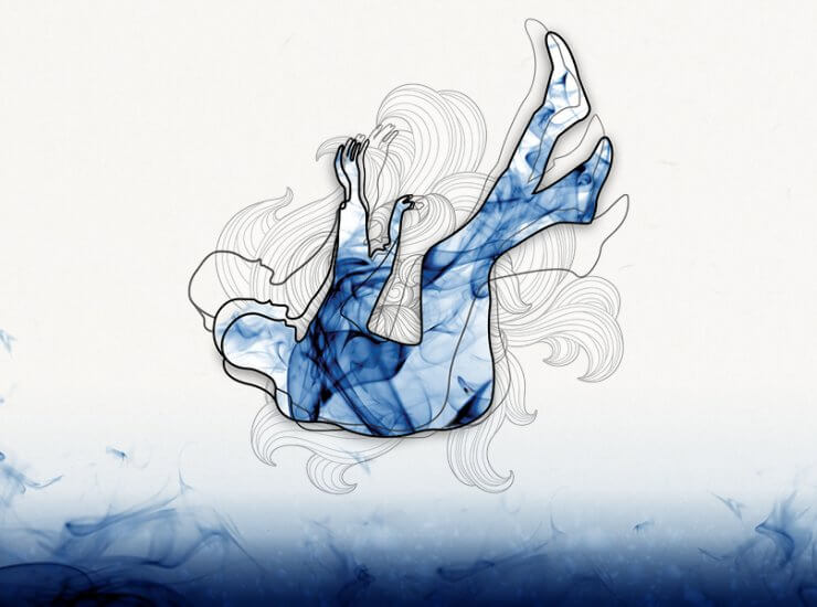 A stylized image of a body, composed mostly of water, falls into a body of water