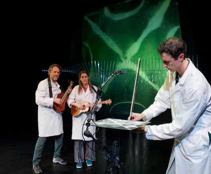 Dissonant Species 
left to right Michael Gordon Spence, Heather Marie Annis, Nicholas Eddie,Written by Heather Marie Annis and Michael Gordon Spence
Directed by Jacquie P.A. Thomas
Lighting and Projection design by Laird Macdonald  
Set Design by Michael Gordon Spence 
Sound Design by Christopher-Elizabeth and Richard Lam
Costume Design by Jackie Chau 
Stage Management by Andrew Dollar
The ensemble cast includes: Heather Marie Annis, Nicholas Eddie, Malia Rogers, Michael Gordon Spence, and HannaH Sunley-Paisley. 
Photography by Michael Cooper www.coopershoots.com